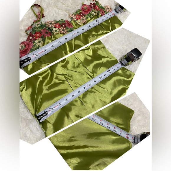 NWT lime satin flower chain strap chartreuse mini bustier embroidered slip dress - Picture 9 of 13